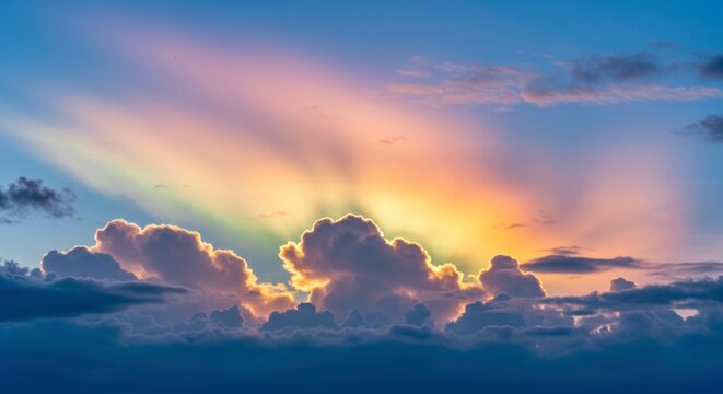 Dramatic sky with crepuscular rays shining through the clouds at sunset creates a captivating and - Powered by Adobe