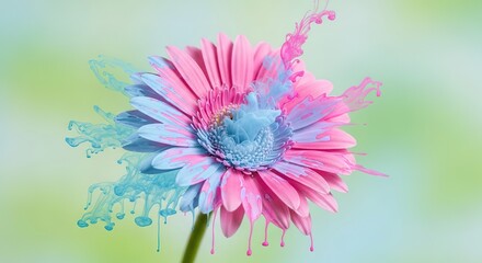 Pink gerbera daisy with blue and pink paint swirling around it o