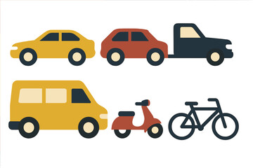 Fototapeta premium Different types of road vehicles including passenger cars, utility truck, cargo van, scooter, and bicycle