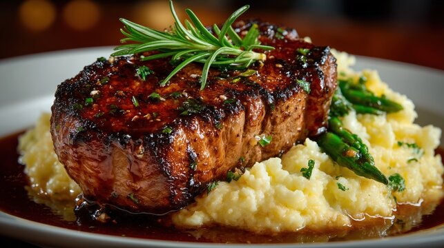 Filet mignon steak with mashed potatoes, asparagus, and rosemary