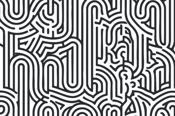 An intricate black and white abstract pattern featuring a maze of flowing lines and curves..