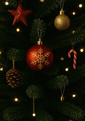 Festive ornaments adorn evergreen.