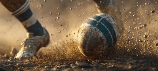 Photorealistic low-angle close-up of dirt-covered rugby ball with blue stripes kicked by muscular player’s boot, dust cloud, golden-hour sunlight, sharp focus, cinematic
