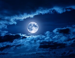 a full moon glows amidst swirling dark blue clouds in the night sky