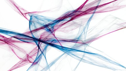 A dynamic abstract design, featuring flowing, translucent lines of vibrant blue and crimson, creating an ethereal and artistic composition against a stark white background.