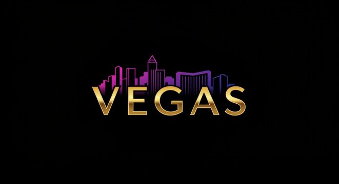 Elegant golden vegas text with cityscape silhouette against a dark background