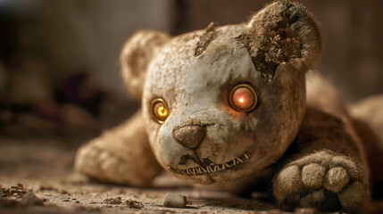 A creepy and evil haunted teddy bear with a glowing red eye, a scary and demonic possessed toy from a horror story, a concept of fear, nightmares and a cursed object, a terrifying old doll close-up.

