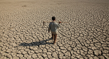 Dry, cracked ground, the silhouette of a man with a hoe.