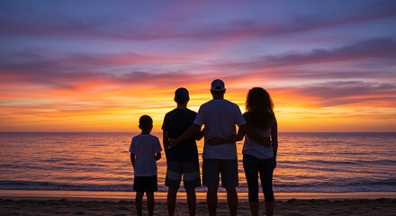 Silhouette of family standing on beach during sunset