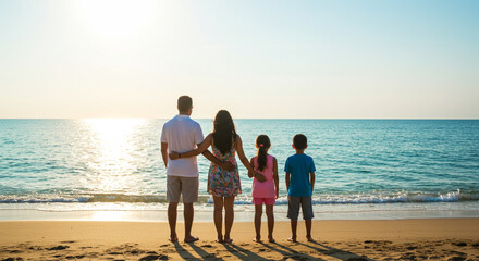 Back view of family standing looking at sea