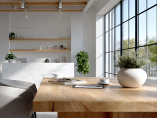 Modern bright room interior with wooden table and plants