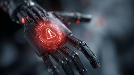 A robotic hand displays a digital caution warning symbol, hinting at potential danger and technological unease. The futuristic design is emphasized by an interplay of light and shadow.