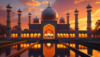 Majestic fantasy palace with domes, towers and water canals, architectural masterpiece