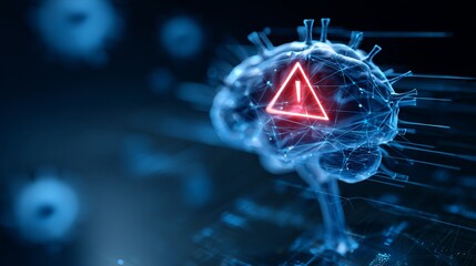 A conceptual illustration of a brain overlaid with virus particle, an attention-grabbing symbol that conveys the urgent need for awareness and investigation within the realm of science. 