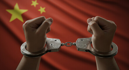 Handcuffed hands against the background of the Chinese flag
