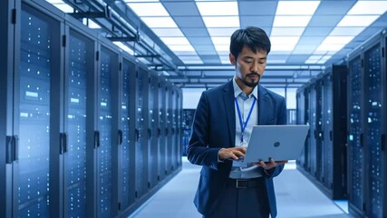 Data center specialist reviewing server infrastructure for optimal performance and security