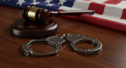 Gavel, handcuffs and US flag