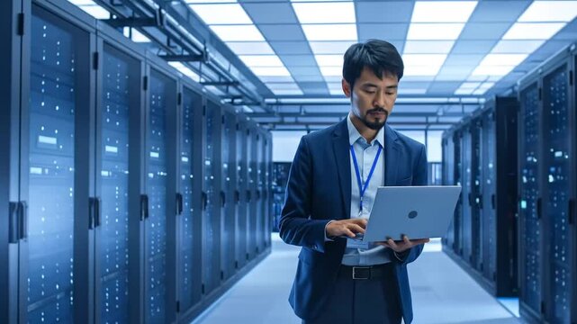 Data center specialist reviewing server infrastructure for optimal performance and security