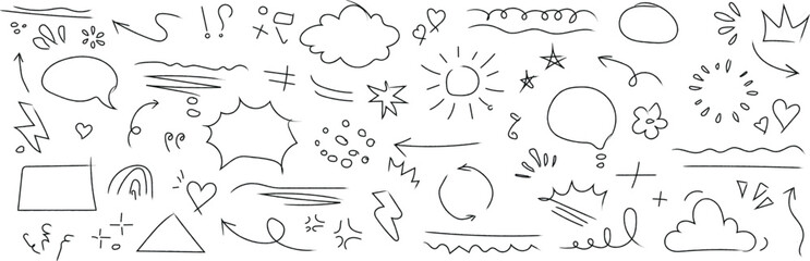 Hand drawn doodle sketch elements including arrows, speech bubbles, stars, clouds, and symbols, isolated vector design set for decoration, notes, comics, and creative projects.