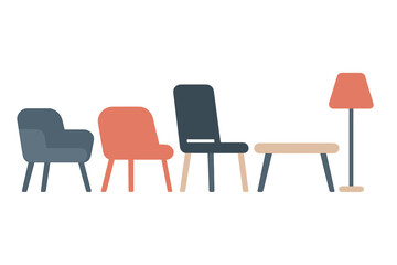 Obraz premium Stylish contemporary minimalist furniture set featuring various chairs, a coffee table, and a modern floor lamp design