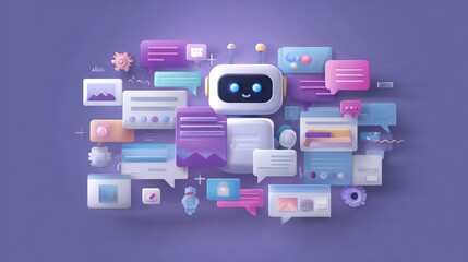 A 3D rendering showcases a friendly chatbot surrounded by message bubbles, text boxes and icons.