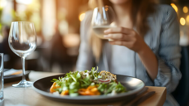 A close-up of a businesswoman having a business lunch at a cafe, with a blurred background.