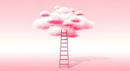 Pink Ladder Reaching Fluffy Clouds in Dreamy Pink Sky, Minimalis