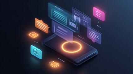 An innovative illustration showcases the future, projecting data displays and interface elements from a mobile phone in a seamless blend of cutting-edge technology and sleek design.