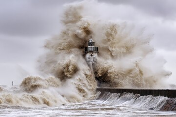 Powerful storm surge creates dramatic water explosion near lighthouse