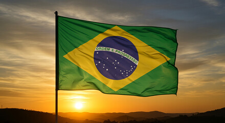 Brazilian flag against the backdrop of the southern sunset