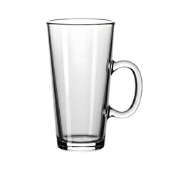 Tall clear glass mug with a smooth reflective surface and a Cshaped handle.