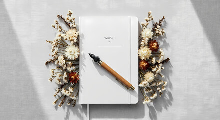 Elegant notebook and pen with delicate floral accents for creative inspiration and mindful planning, perfect for journal lovers and writers seeking beauty