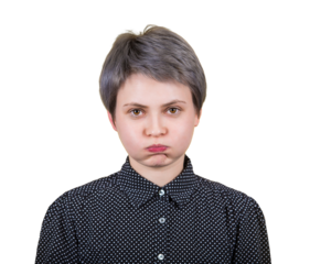 Annoyed and irritated young female hipster blowing her cheeks, and frowning face, feels frustrated. Fatigue woman, boredom expression portrait isolated on transparent background