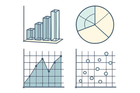 Collection of business data visualization charts including bar, pie, line, and scatter graphs for analytics