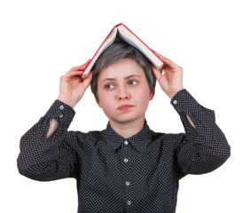 Fatigue student woman, dissatisfied expression, feels tired of constant learning, keeps a book on head, demands holidays. Difficult homework to solve. Anxiety and headache feeling as studying