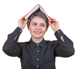 Clueless student woman dreamer looks aside with positive expression, keeps an open book over head isolated on transparent background