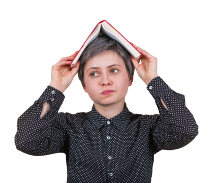 Fatigue student woman, dissatisfied expression, feels tired of constant learning, keeps a book on head, demands holidays. Difficult homework to solve. Anxiety and headache feeling as studying