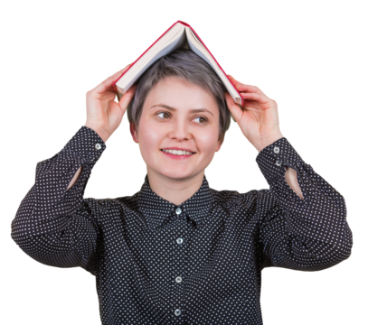 Clueless student woman dreamer looks aside with positive expression, keeps an open book over head isolated on transparent background