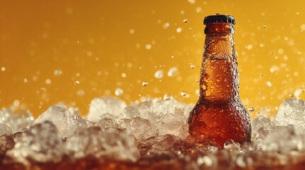 Refreshingly cold beer bottle covered in condensation chilling in ice with water splashes against a vibrant amber background perfect for summer advertising