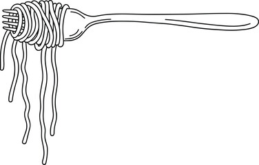 Spaghetti fork illustration, pasta strands, minimal line art, black and white drawing, food icon, cooking concept, vector kitchen element