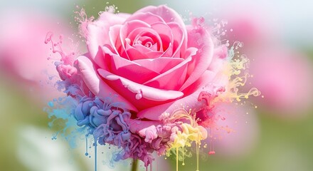 Pink Rose with Colorful Paint Splashes and Drips, Artistic Flora
