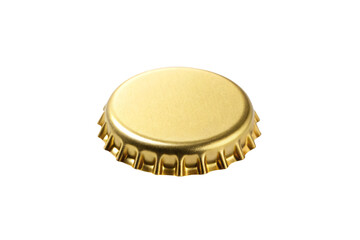 Gold bottle cap crimped edges metallic shine beer beverage closure seal circular top view reflective surface, isolated on a transparent background