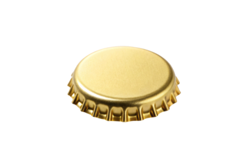 Gold bottle cap crimped edges metallic shine beer beverage closure seal circular top view reflective surface, isolated on a transparent background