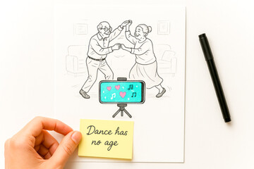 Elderly Couple Dancing Together In Illustration With Smartphone Recording For Social Media. Concept Of Healthy Aging, Active Lifestyle, Joyful Relationships, Digital Engagement, And Modern Wellness