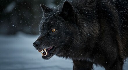 Fototapeta premium Majestic Black Wolf Portrait in Snowy Landscape Captivating Wildlife Photography