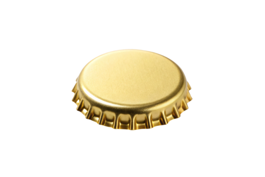 Gold bottle cap crimped edges metallic shine beer beverage closure seal circular top view reflective surface, isolated on a transparent background - Powered by Adobe