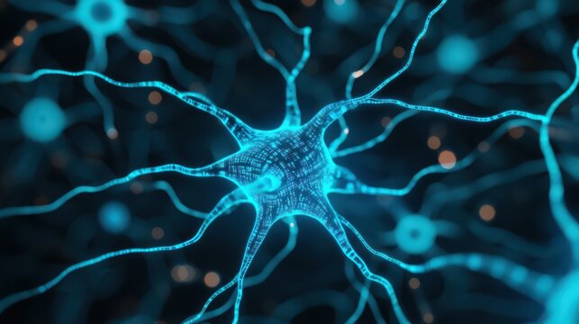 A close-up view of a neuron, showcasing intricate connections and glowing blue highlights against a dark background, illustrating neural activity.