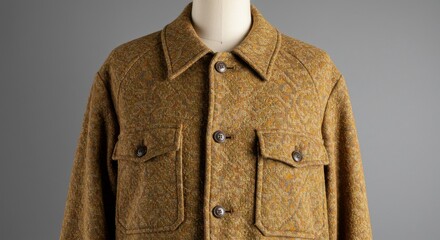 Olive green quilted shirt jacket with patch pockets and button closure showcases vintage menswear