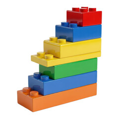 Vibrant glossy toy building blocks stacked in a colorful ascending staircase formation.