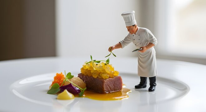 Miniature chef garnishing a dish with fresh herbs on a white plate in a bright kitchen
